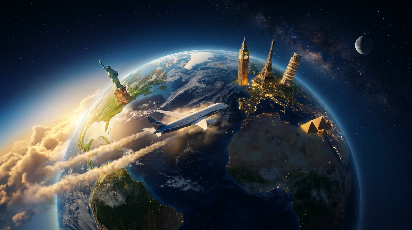 Curved Earth from space showing Statue of Liberty, Big Ben, Eiffel Tower, Pisa, Pyramids and airliner