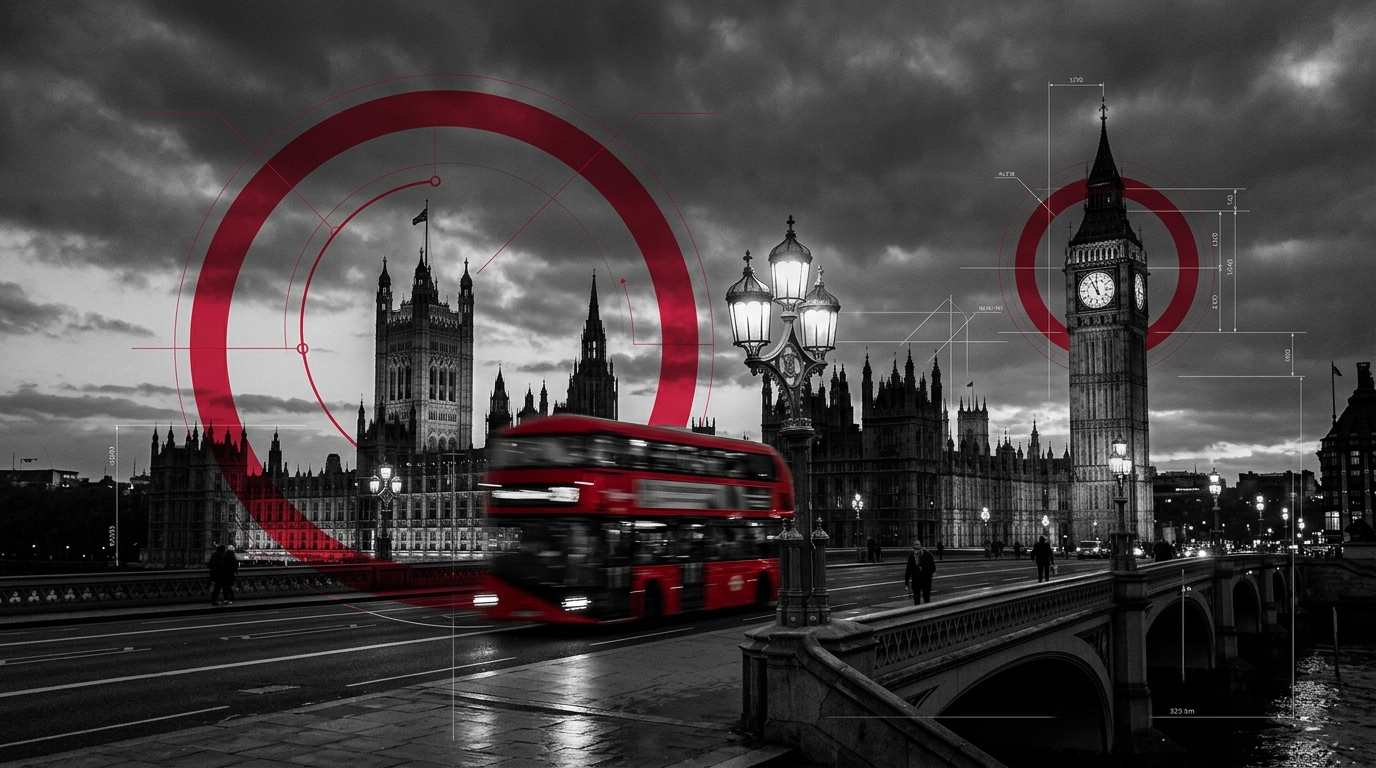 London Westminster Bridge and Big Ben Clock Tower with Red Concentric Sonar HUD Radar